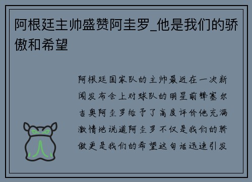 阿根廷主帅盛赞阿圭罗_他是我们的骄傲和希望