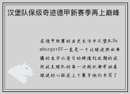 汉堡队保级奇迹德甲新赛季再上巅峰