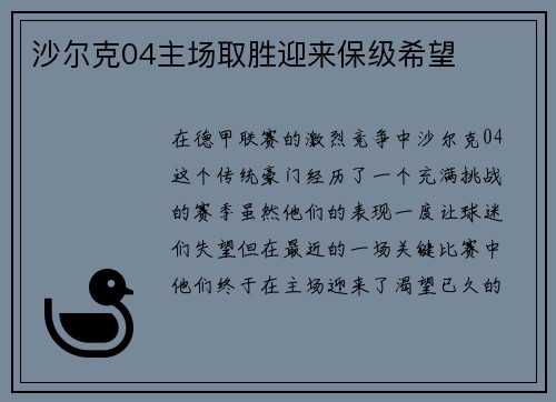 沙尔克04主场取胜迎来保级希望