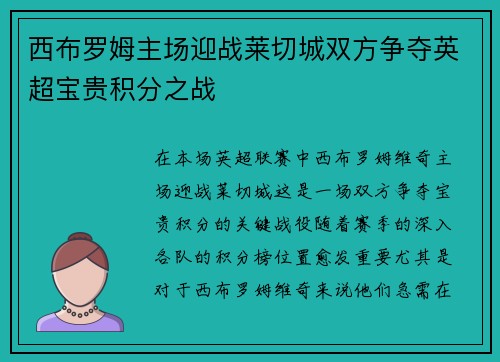 西布罗姆主场迎战莱切城双方争夺英超宝贵积分之战
