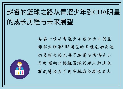 赵睿的篮球之路从青涩少年到CBA明星的成长历程与未来展望