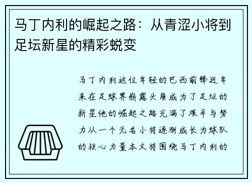 马丁内利的崛起之路：从青涩小将到足坛新星的精彩蜕变