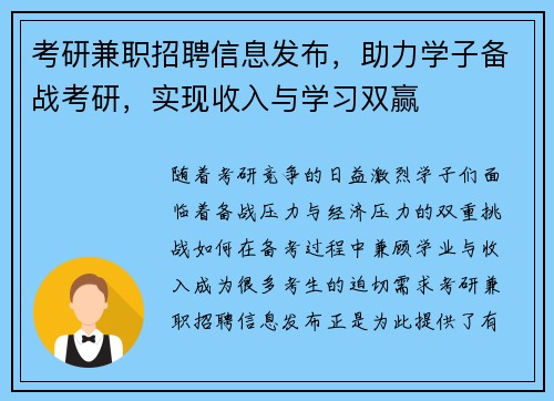 考研兼职招聘信息发布，助力学子备战考研，实现收入与学习双赢