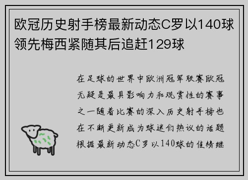 欧冠历史射手榜最新动态C罗以140球领先梅西紧随其后追赶129球