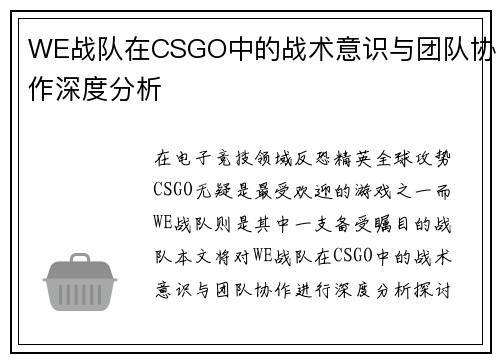 WE战队在CSGO中的战术意识与团队协作深度分析