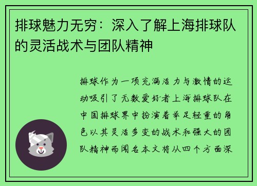 排球魅力无穷：深入了解上海排球队的灵活战术与团队精神