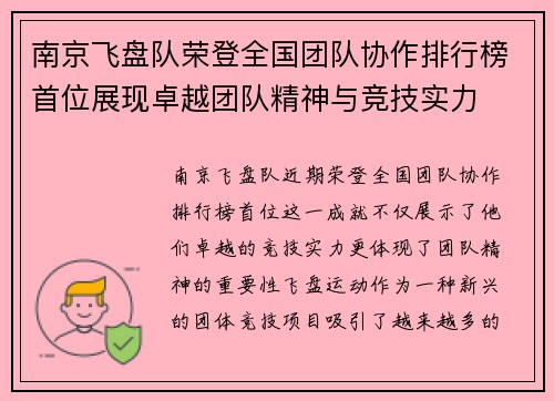 南京飞盘队荣登全国团队协作排行榜首位展现卓越团队精神与竞技实力